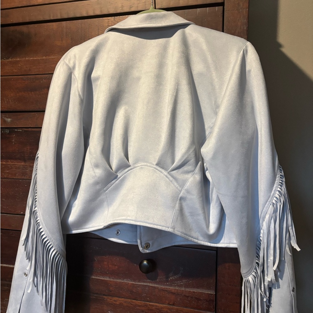Pilcro Faux Suede Fringe Moto Jacket Wedgewood Blue Sz M - very Lt Blue NWT - Picture 5 of 15